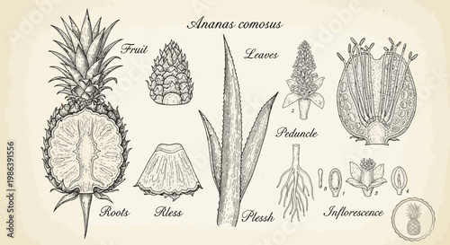 Botanical Illustration of Ananas Comosus Pineapple Anatomy