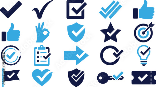 Collection of blue and dark blue check mark icons and symbols in various forms.