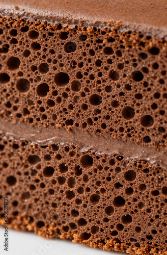 A slice of chocolate sponge cake shows its soft texture and light layers. The cake has a smooth filling between the layers. It is on a white plate in a plain setting Generative AI