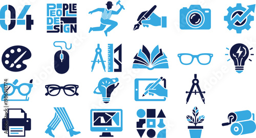 Design and creativity icons in blue for graphic arts and education.