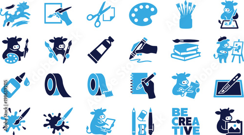Creative art and design icons featuring cows, paints, brushes and tools.
