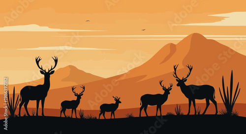 Silhouette of Deer Herd in Desert Landscape at Sunset