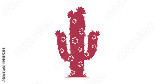 Red Cactus Illustration with White Flowers.