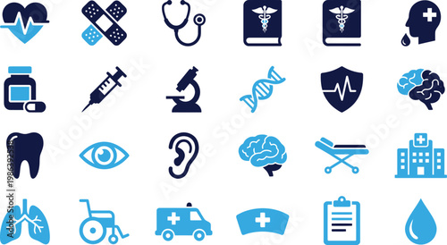 Modern medical and healthcare symbols in blue and dark blue colors.