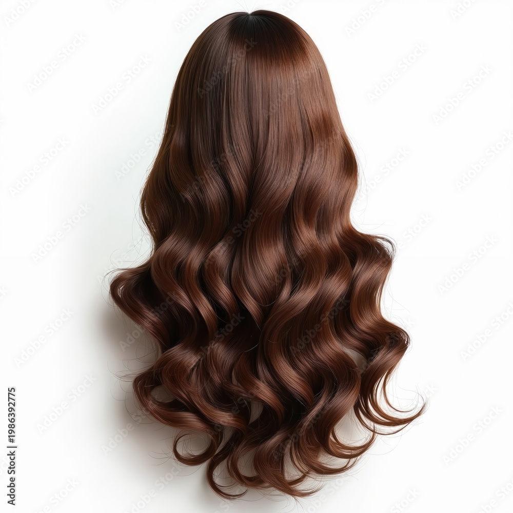 Naklejka premium Long wavy brown synthetic hair wig on white background. Offers volume texture and elegant style for fashion beauty and costume needs. Realistic hairpiece looks natural.