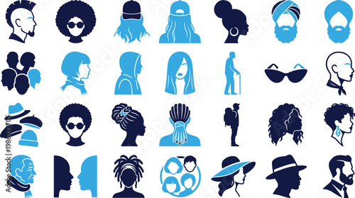 Diverse human face and profile icons set in blue and navy colors.