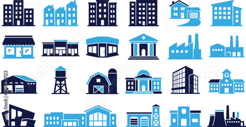 Assorted building and real estate icons in blue and dark blue colors.