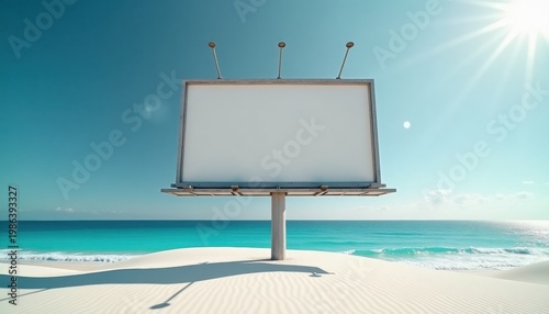 Empty billboard with copy space on sunny beach background