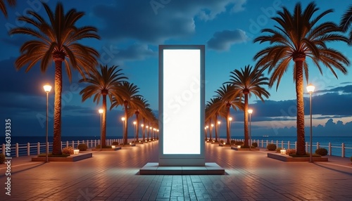 Blank illuminated billboard with copy space on tropical night street
