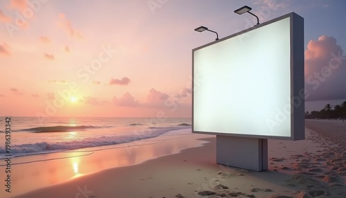 Blank billboard with copy space on beach during sunset