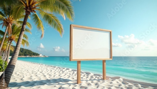 Blank wooden sign on tropical beach with copy space