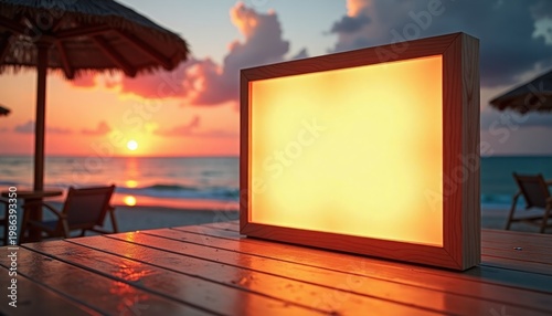 Blank illuminated sign on tropical beach table with copy space