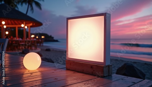 Glowing beach lantern and round light at sunset with copy space