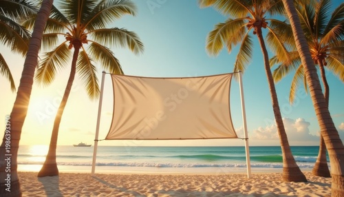 Blank Banner Hanging Between Palm Trees on Tropical Beach with Copy Space