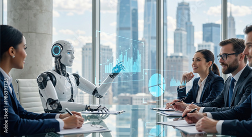 Humanoid AI robot presenting financial data to business team. Artificial intelligence analyzing charts on holographic interface in modern office. Future of work and collaboration concept