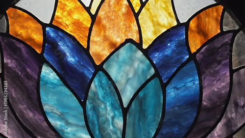 Close-up of a vibrant stained glass flower petal pattern with warm amber tones