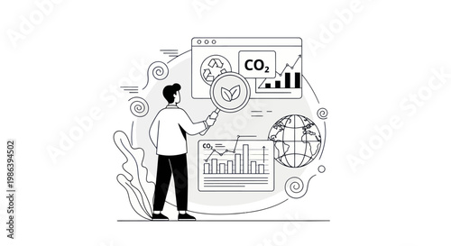 Man analyzing carbon footprint and environmental data for sustainable growth illustration.
