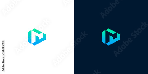Modern geometric play button icon in blue-green gradient on white and dark blue backgrounds, abstract symbol for media and technology