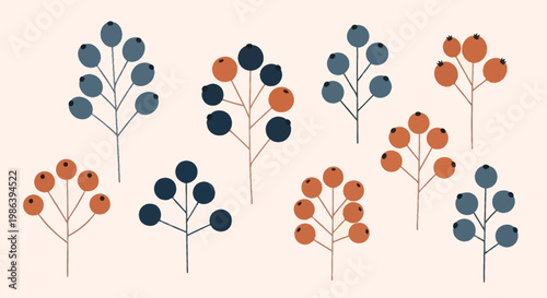 Hand drawn flat botanical illustration of autumn berry branches on a beige background.