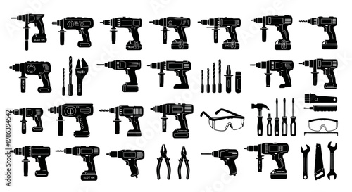 Collection of various power and hand tools on a white background.
