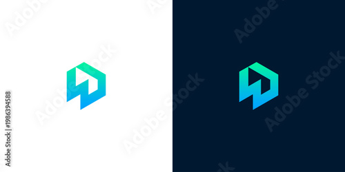 Dynamic abstract geometric logo with blue-green gradient. Stylized W or D combined with lightning bolt, symbolizing innovation and speed for modern tech branding