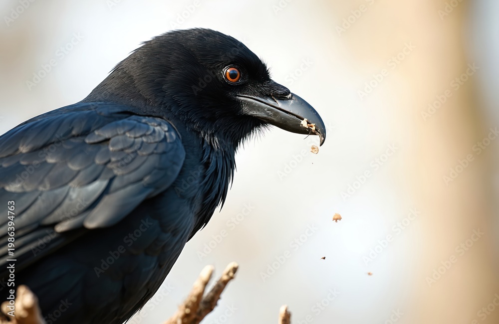 Fototapeta premium Black rook bird perches on branch, food crumbs falling from beak. Ornithology subject, insectivore wildlife, nature scene detail. European farmland bird close up. Wild creature in natural habitat.