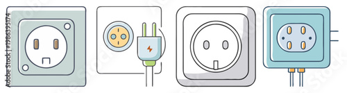 Set of Electrical Wall Sockets and Power Plugs Icons