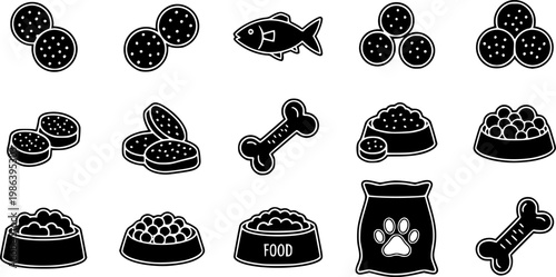Pet food icons in a black filled and outlined style. Set of vector icons vector silhouette illustration isolated on white background