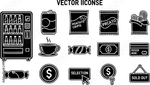 Vending machine icons in a black filled and outlined style. Set of vector icons vector silhouette illustration isolated on white background 