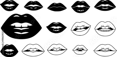 Lips icons in a black filled and outlined style. Set of vector icons vector silhouette illustration isolated on white background