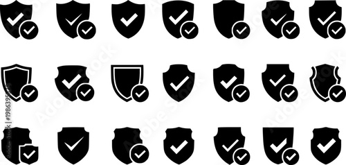 Shield check mark icons silhouettes set isolated pack vector silhouette illustration isolated on white background
