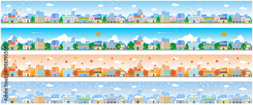 四季の街並みパノラマ背景セット（春夏秋冬）｜横長バナー・ヘッダー向けイラスト
