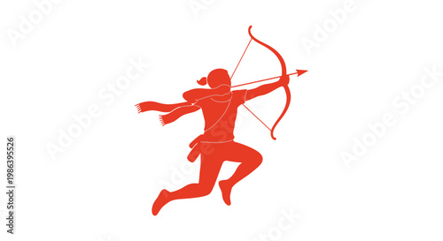 Silhouette of Archer Running with Bow.
