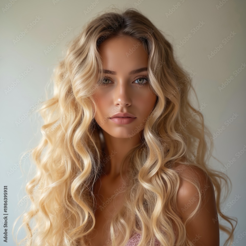 Naklejka premium Blonde woman with long wavy hair. Young female with shiny curly hairstyle. Natural beauty with healthy clean skin, looking at camera. Close-up portrait from front.