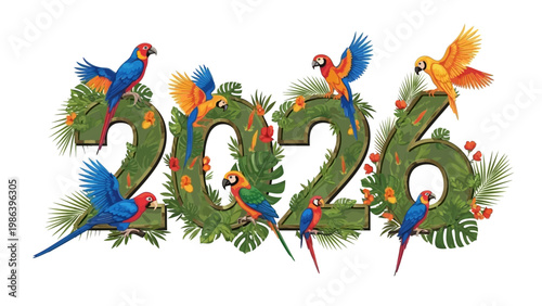 Colorful Parrots Surrounding New Year 2026.