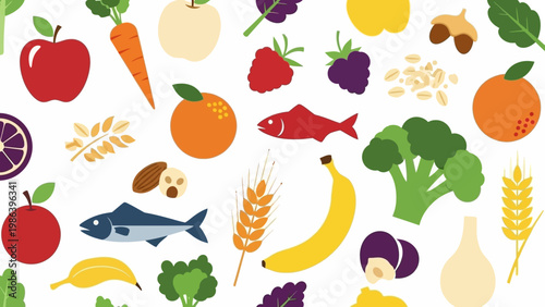 Assorted Fruits Vegetables Grains and Fish.