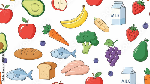 Assorted Cartoon Fruits Vegetables and Food.