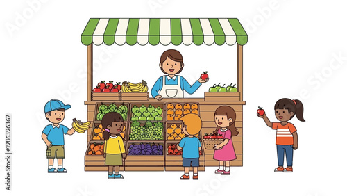 Cartoon Children Buying Fresh Produce from Vendor.