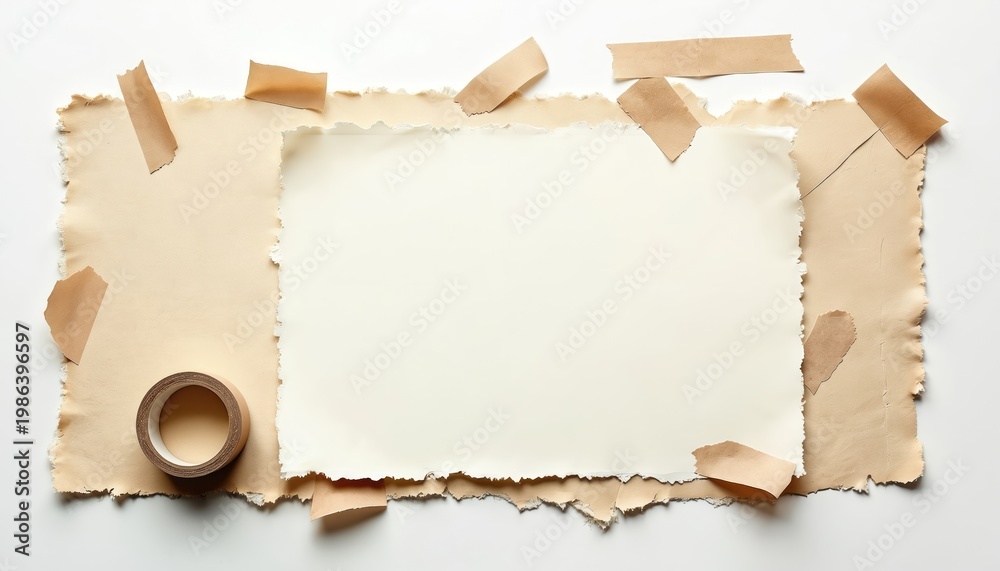 Fototapeta premium Layered torn paper sheets and a roll of brown tape create a rustic memo board. Blank space offers room for messages, notes, or designs. This vintage office concept feels classic and stylish.