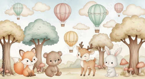Cute forest animals with hot air balloons in nursery wallpaper. Fox, bear, deer and rabbit in woodland scene for nursery decor. Watercolor style illustration for child room decoration.
