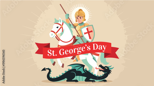 St. George's Day illustration of a knight on horseback slaying a dragon