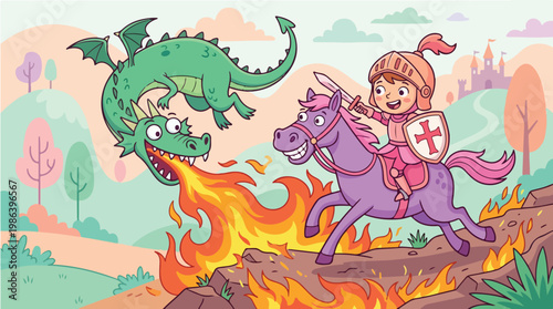 Brave knight on horseback battling a fire-breathing dragon on St. George's Day