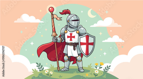Knight in armor celebrating St. George's Day with a red cross shield and spear
