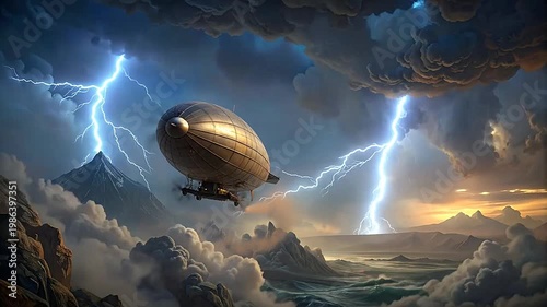 An airship flies through a stormy sky with lightning and dramatic clouds in the background