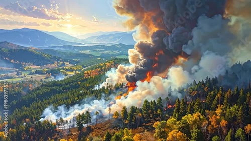 A large wildfire rages through a forest, creating smoke and flames in the natural landscape
