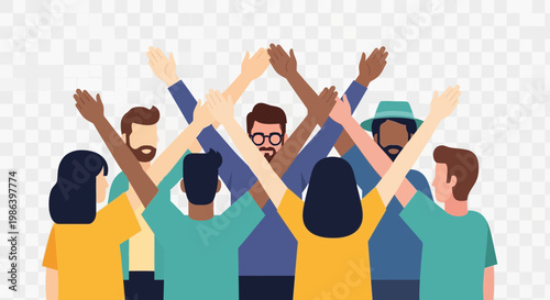 Diverse group of people with arms raised in celebration.