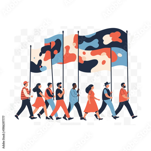 Diverse people march together holding colorful abstract flags.