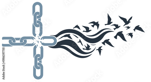 Broken chain transforming into birds and flowing lines.