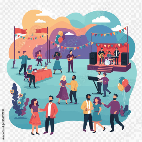 People enjoying an outdoor festival with music and food.