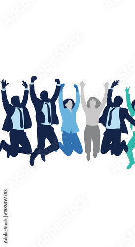 Silhouettes of people jumping with arms raised in celebration.
